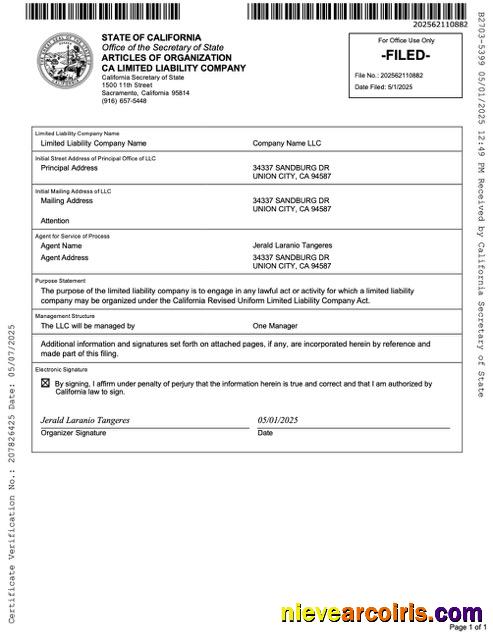 USA California articles of organization limited liability company